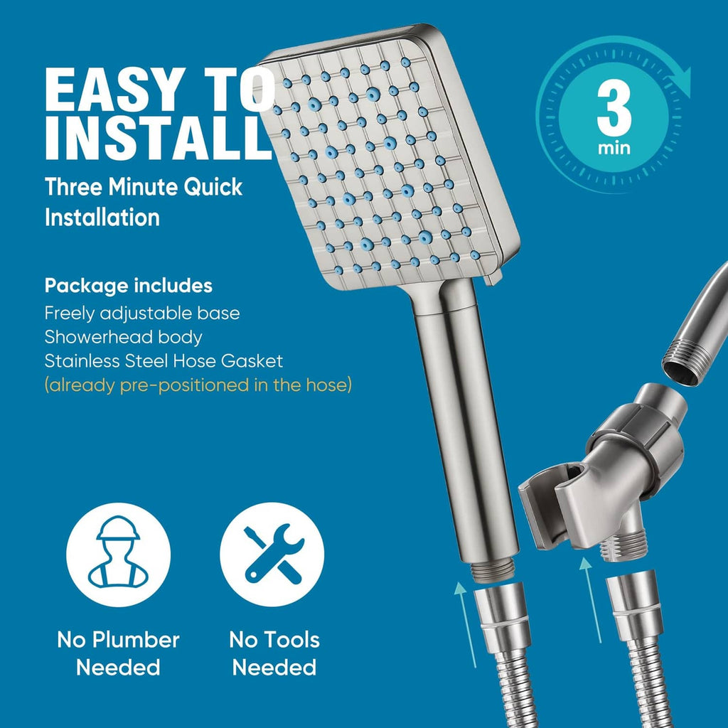 Filtered shower head with flexible hose and included quick-install parts, brushed nickel