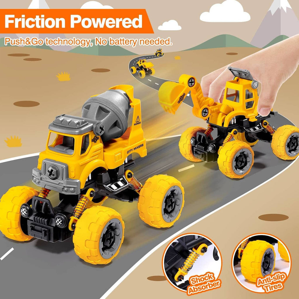 Friction-powered push car toy set with yellow vehicles and gray drum attachment