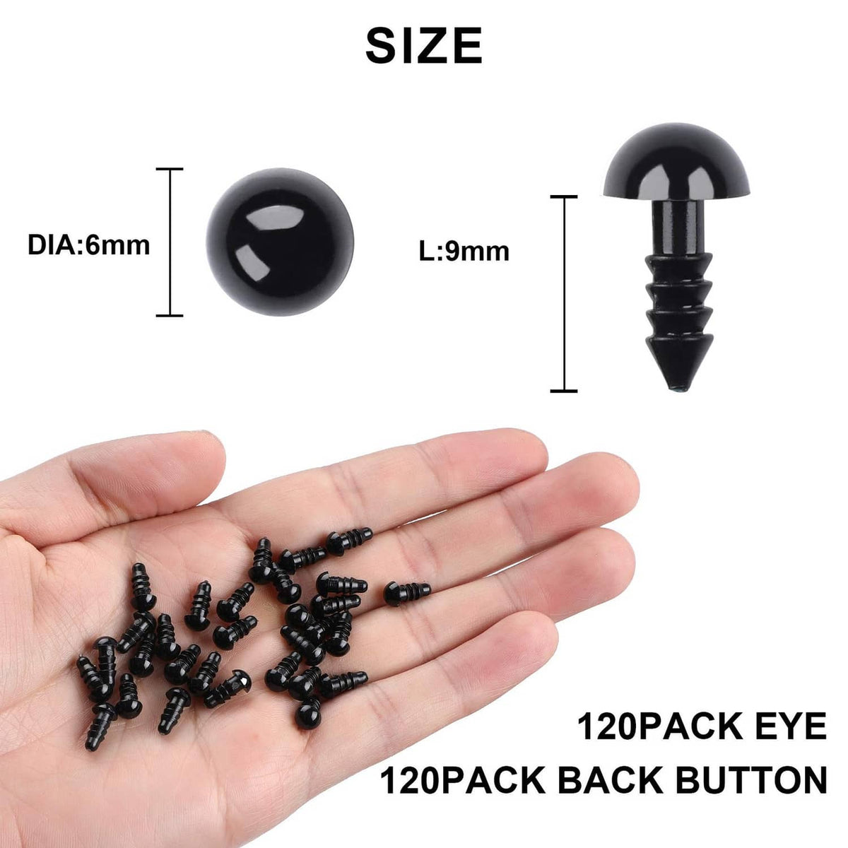 Black plastic safety eyes and back buttons shown in hand with size markers