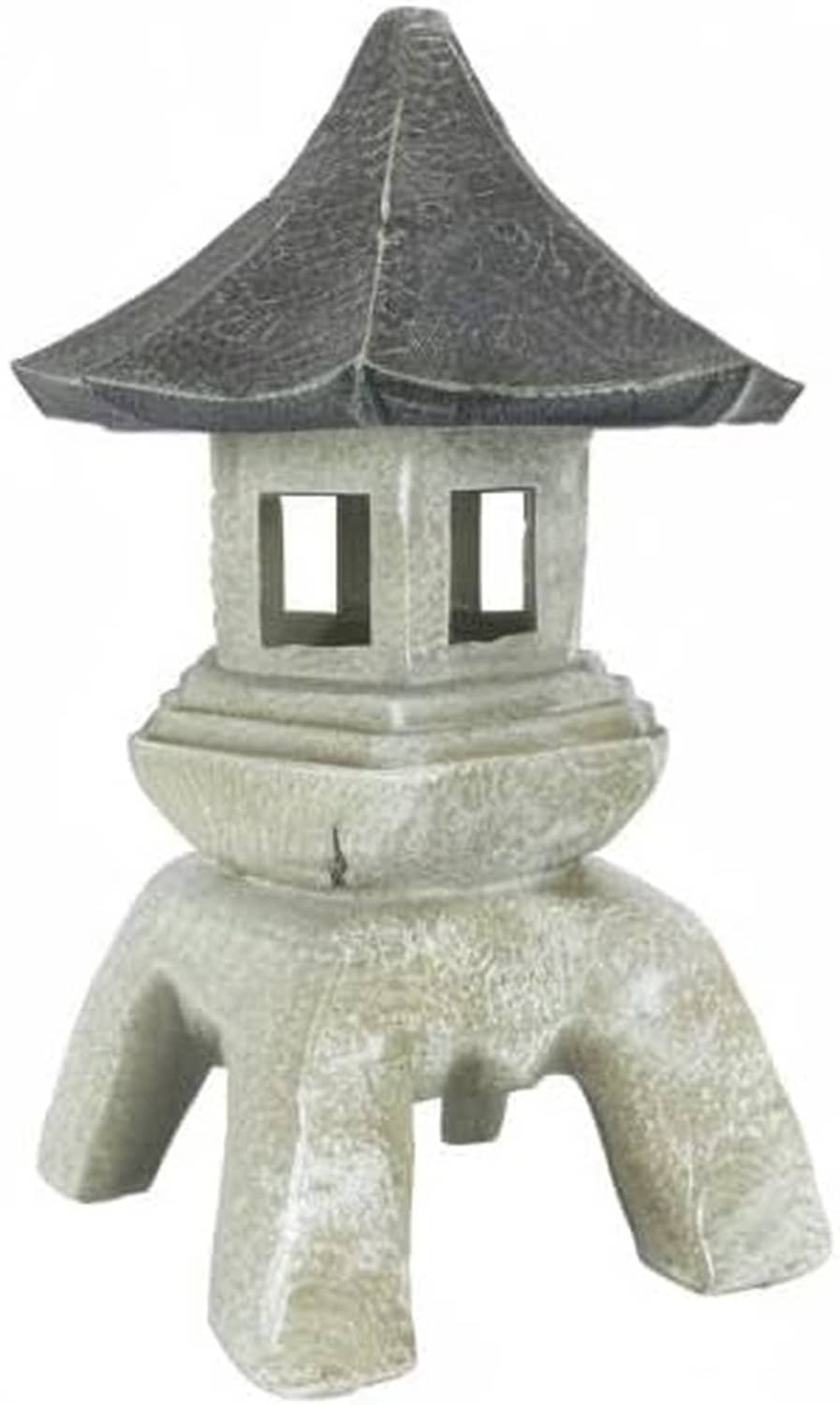 Large cast stone pagoda lantern statue with textured dark roof and open rectangular window panels