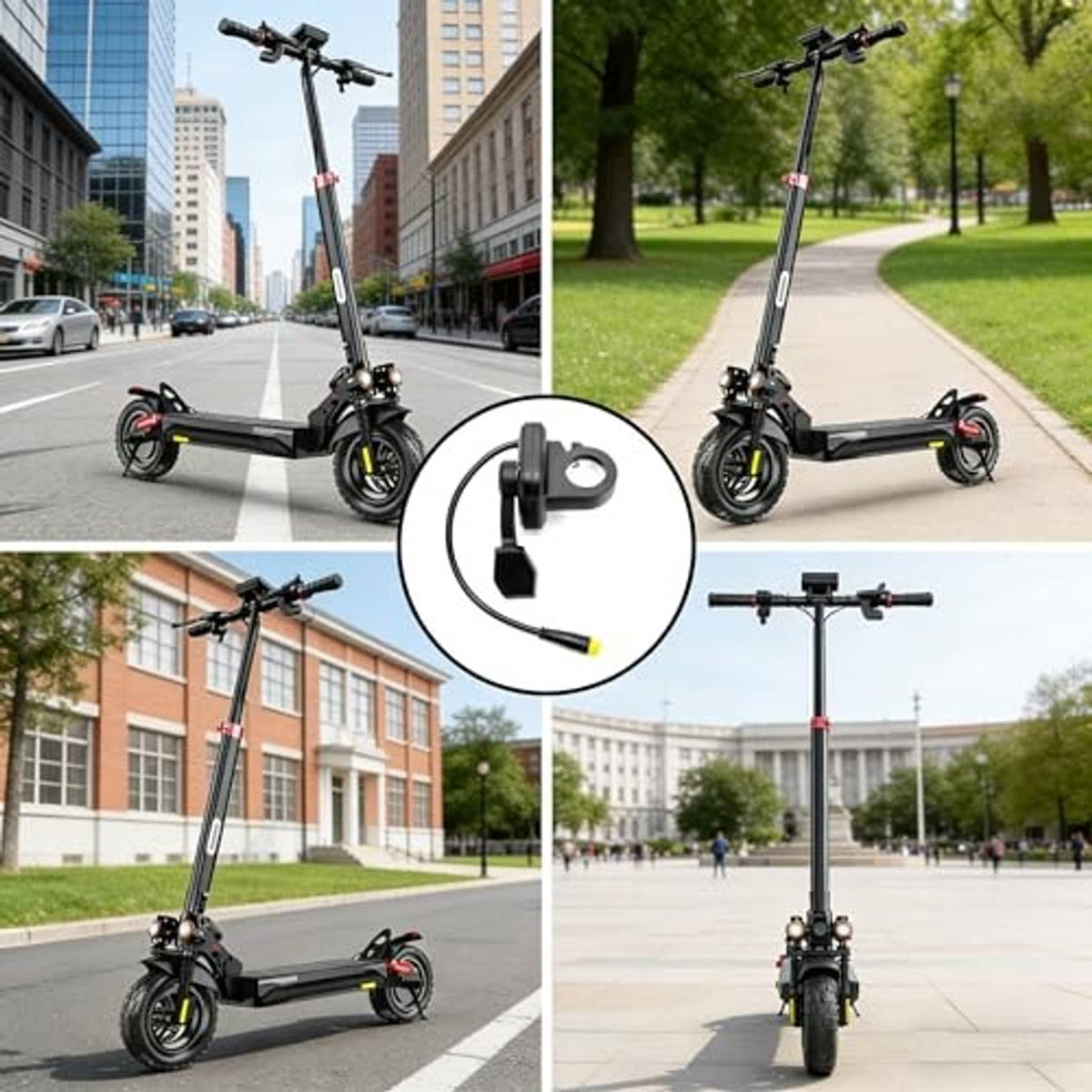 Folding e-scooter handlebar with installed thumb throttle and control module.