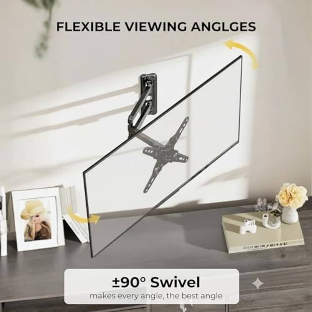 Black full-motion TV wall mount holding a flat screen at an angle