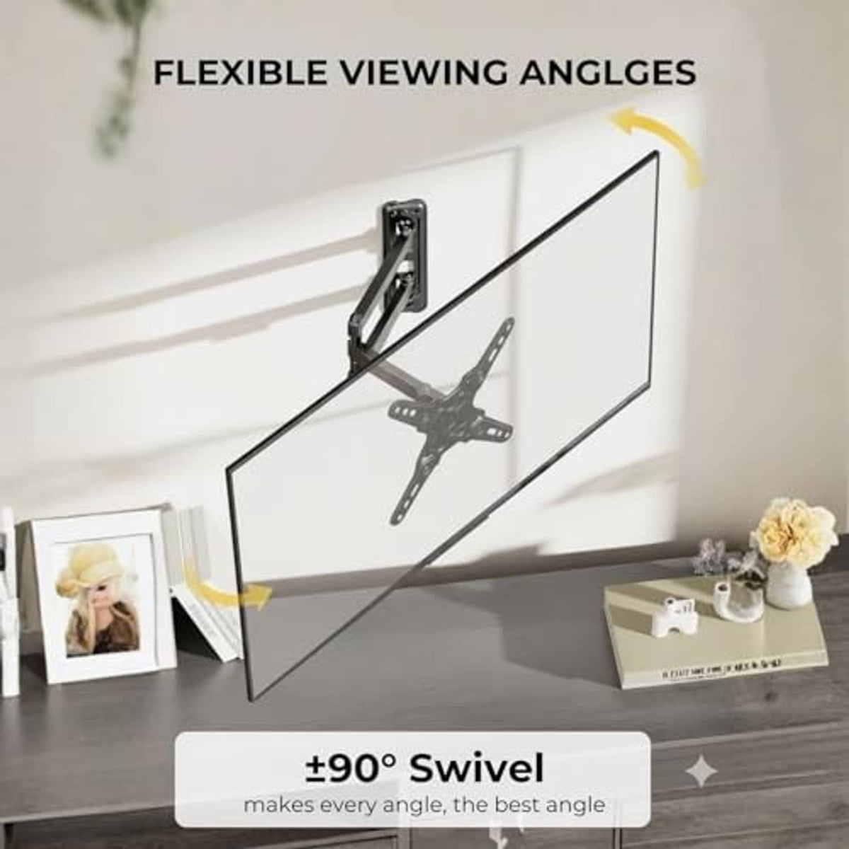 Black full-motion TV wall mount holding a flat screen at an angle