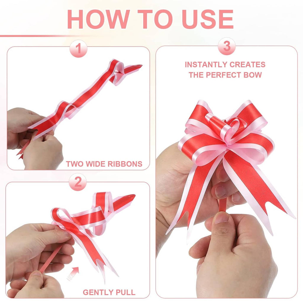 Striped ribbon gift bow with long tails, shown being pulled and shaped