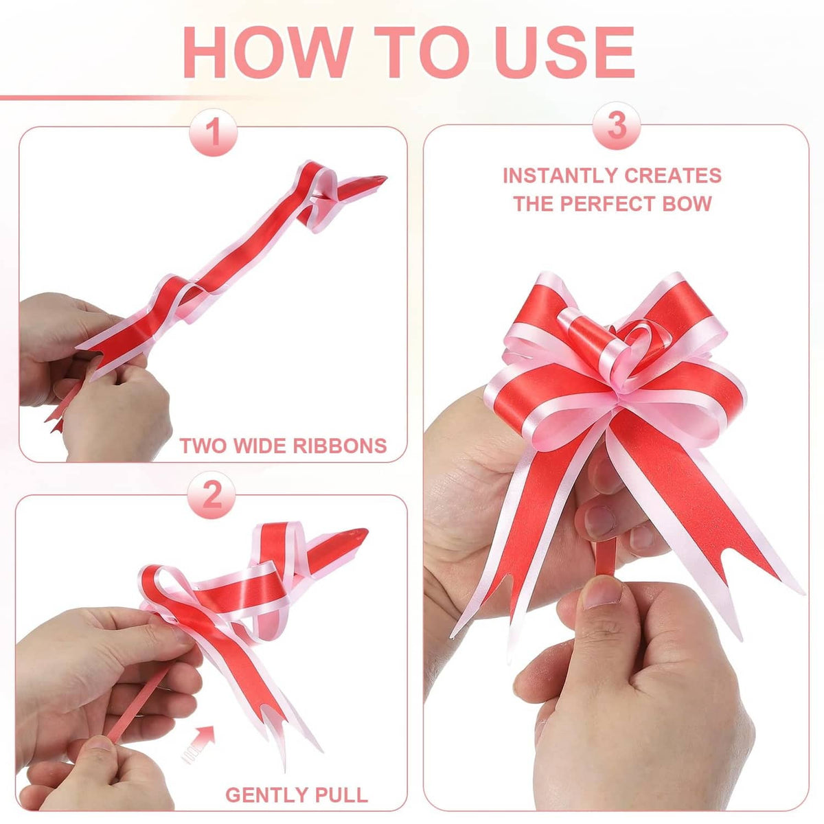 Striped ribbon gift bow with long tails, shown being pulled and shaped