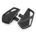 Black motorcycle mini floorboards with textured rubber pads and front foot peg set