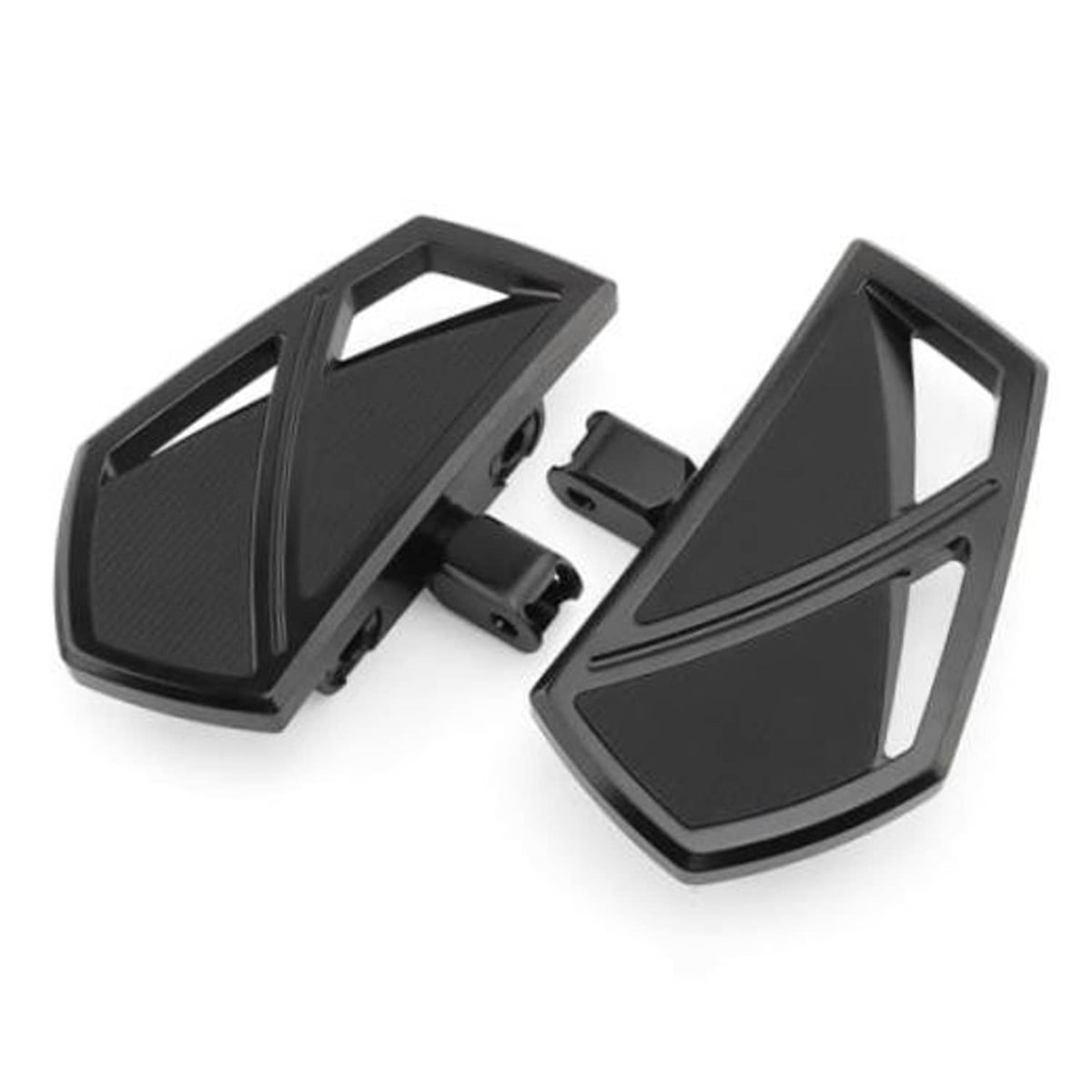 Black motorcycle mini floorboards with textured rubber pads and front foot peg set