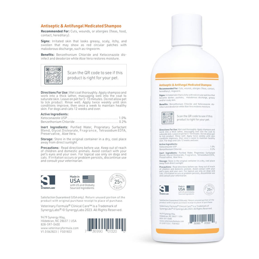 Veterinary Formula antiseptic & antifungal medicated shampoo bottle, back label view
