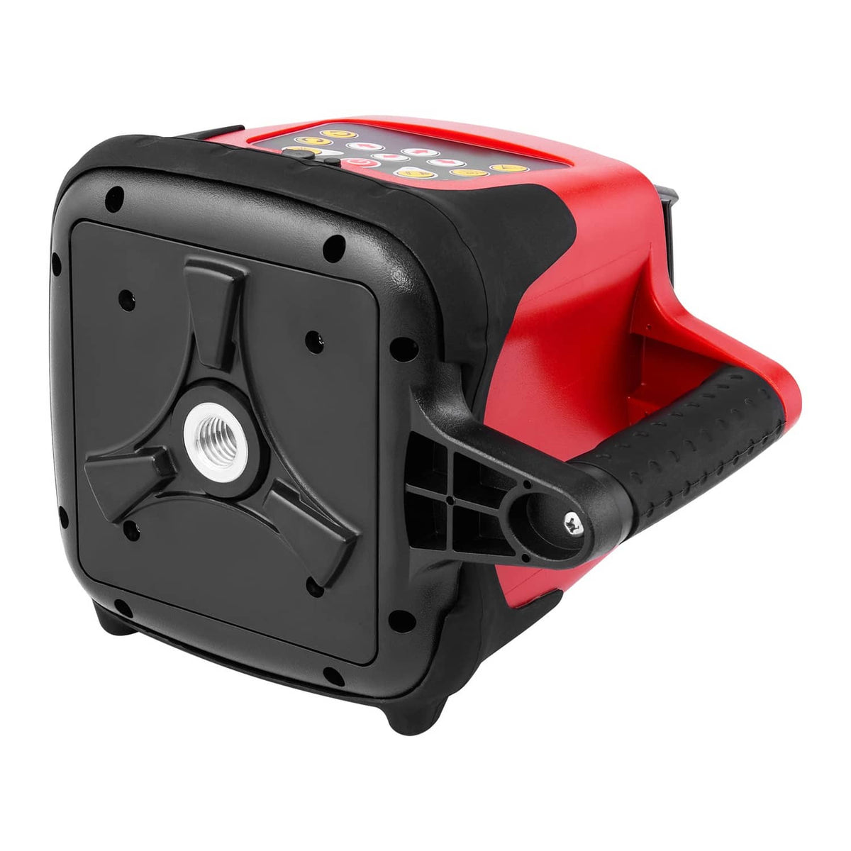 Red and black rotary laser level unit with tripod mount thread and side handle