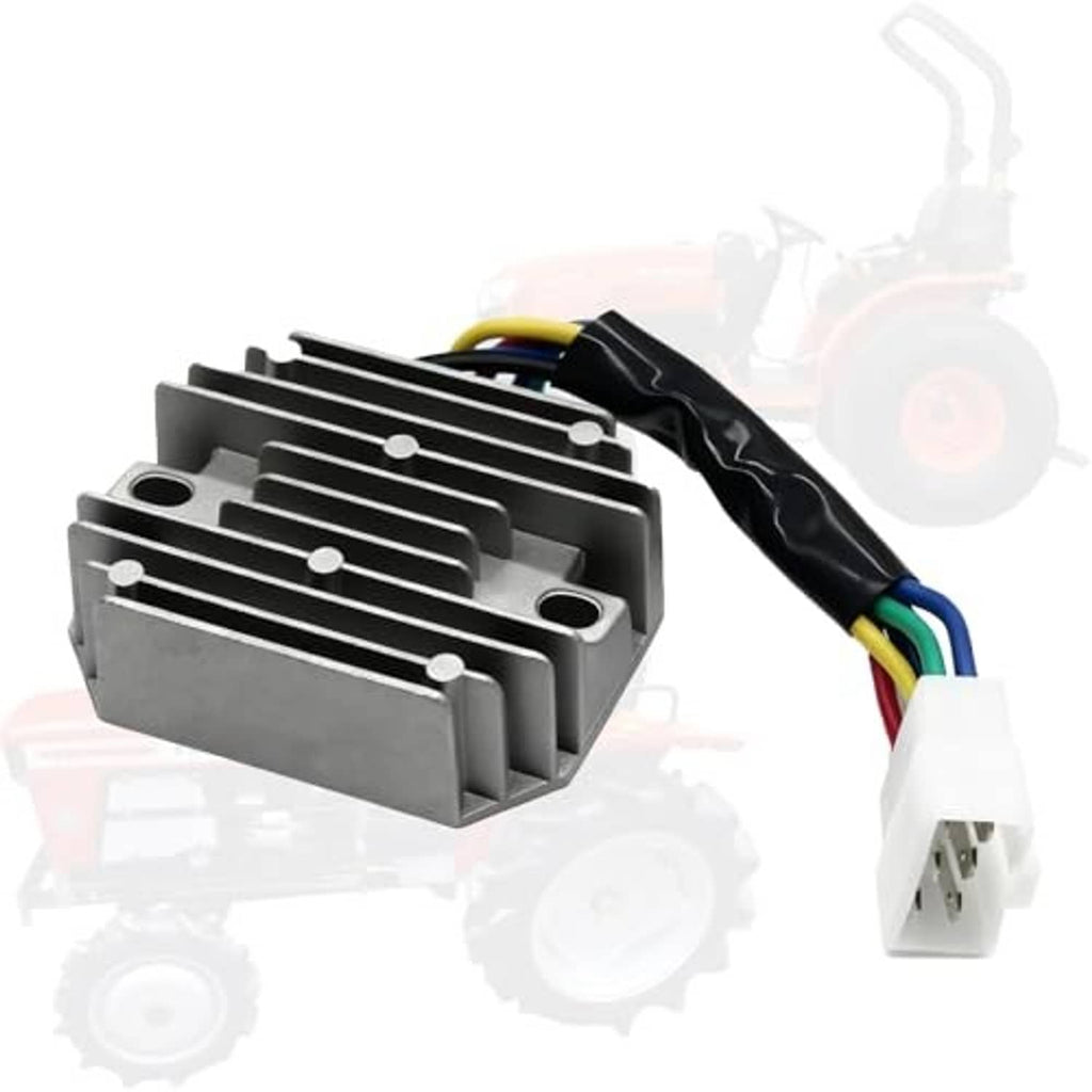 Finned voltage regulator rectifier module with wiring harness and white electrical connector