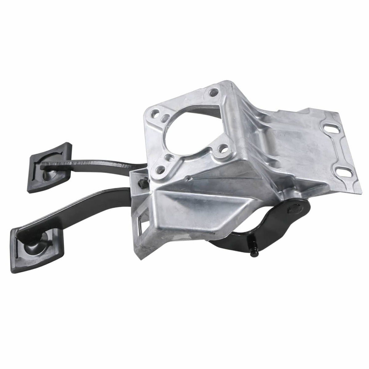 Brake clutch pedal bracket mount assembly with black pedal pads and silver mounting plate