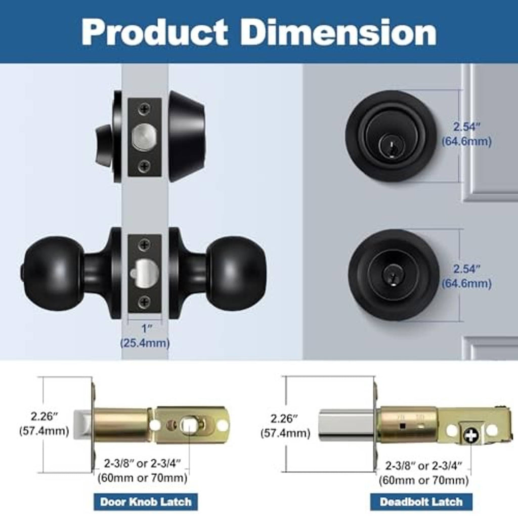 Matte black door knob and deadbolt lockset diagram with latch and spindle dimensions