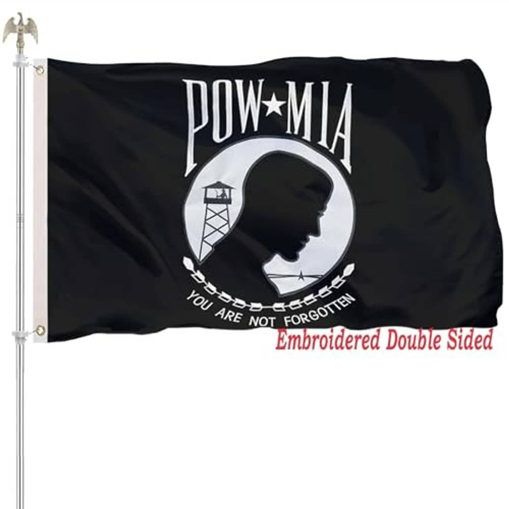 Black POW*MIA embroidered yard flag with large emblem and chain detail