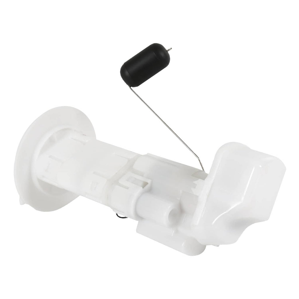 Fuel pump assembly with white plastic body and black float sensor on a metal rod