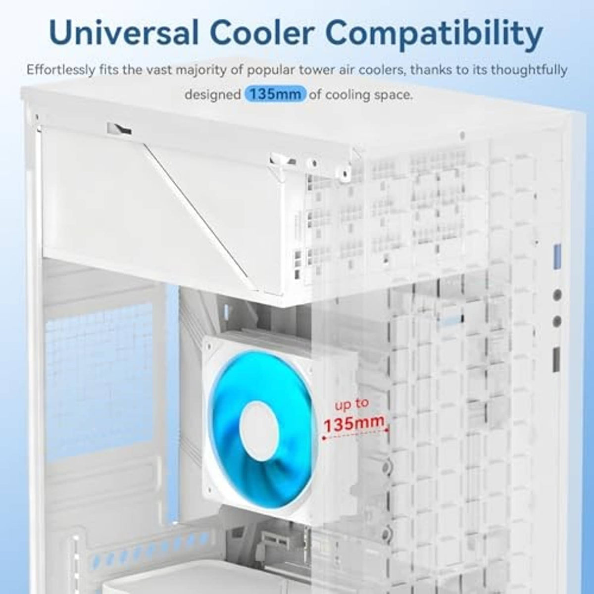 White micro ATX PC case with interior cooling space and mounted front fan