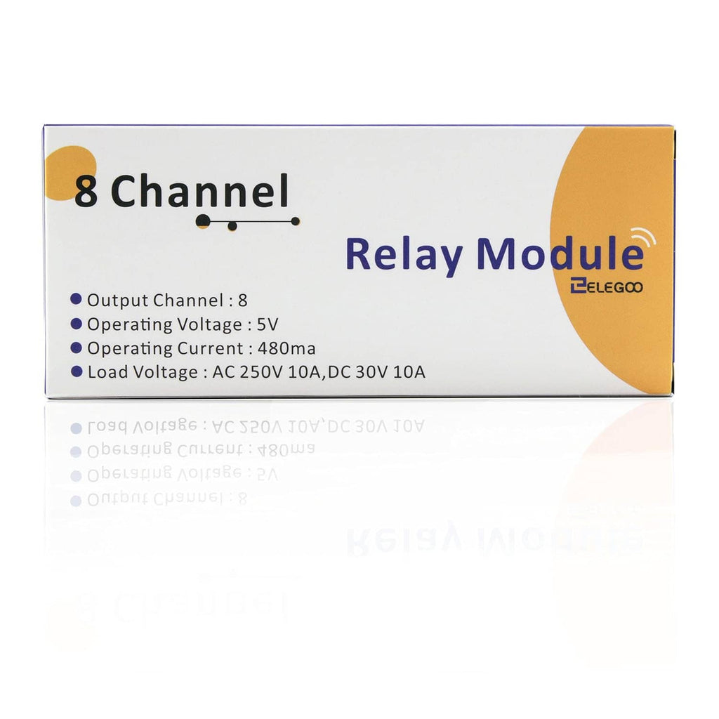 Retail box for 8-channel relay module, showing specifications and branding
