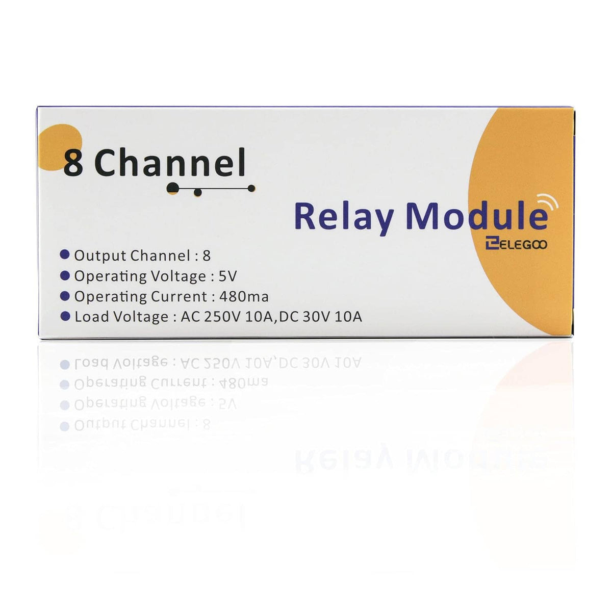 Retail box for 8-channel relay module, showing specifications and branding