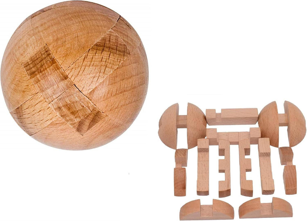 Wooden puzzle sphere ball with matching interlocking wooden pieces set alongside