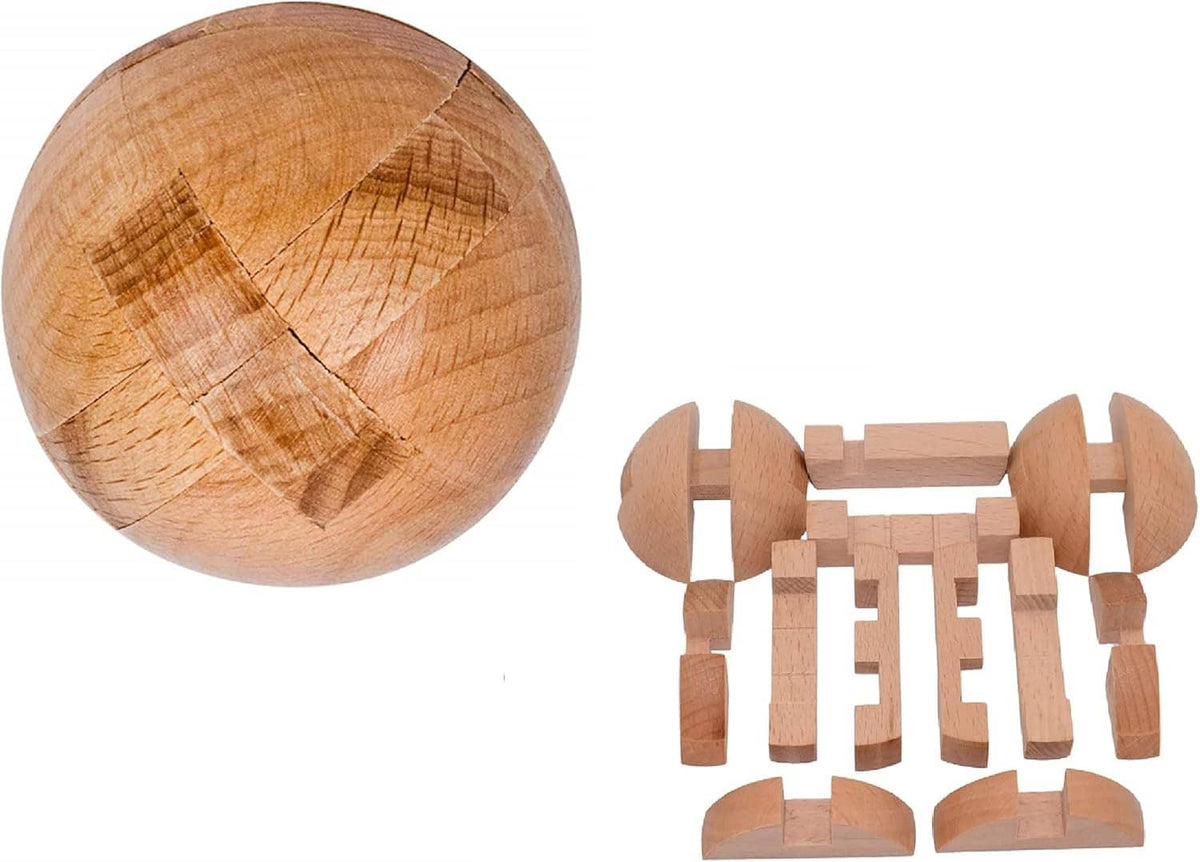 Wooden puzzle sphere ball with matching interlocking wooden pieces set alongside