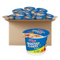 Breakfast cereal cups in open cardboard tray, blue Frosted Flakes cups, 2.1 oz net wt