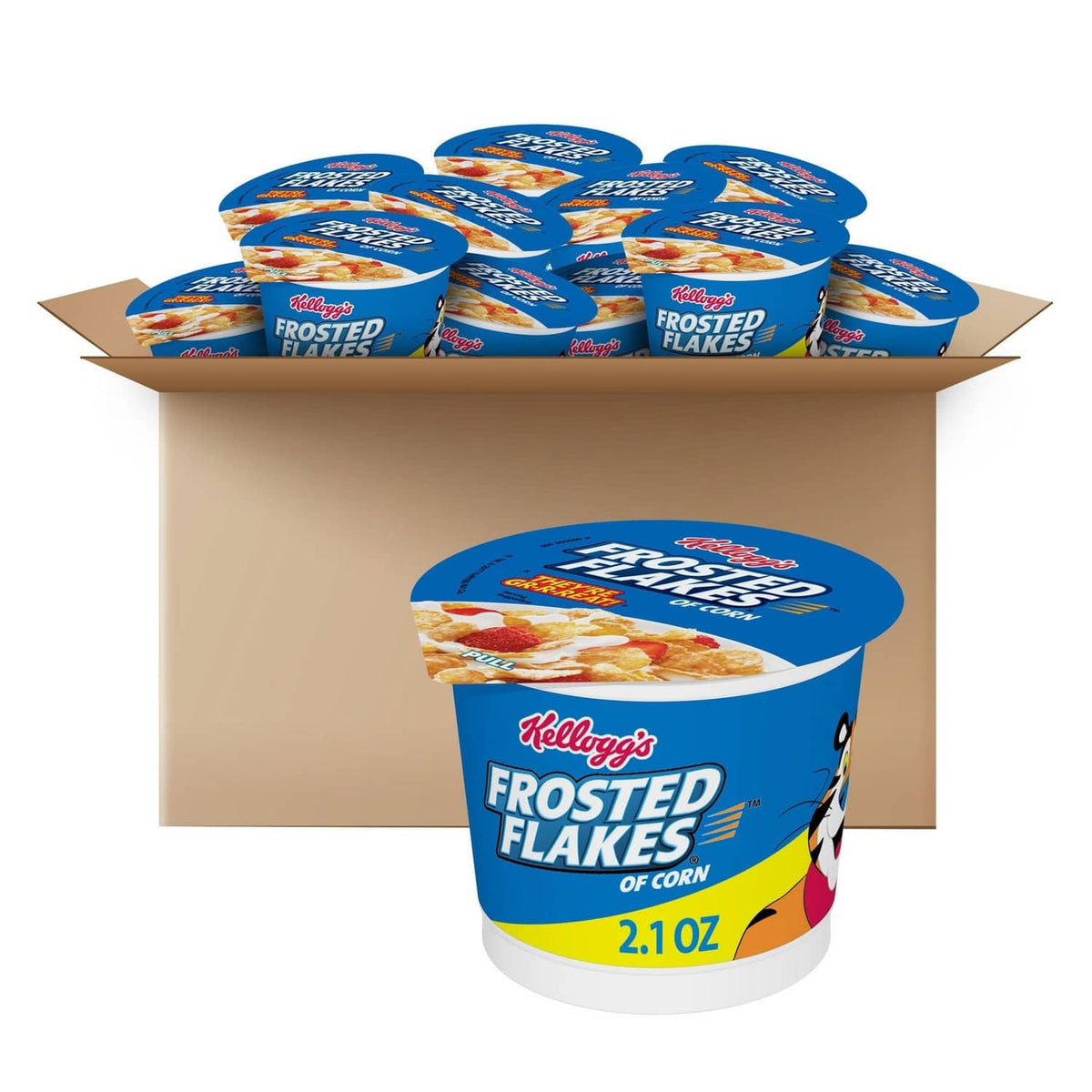 Breakfast cereal cups in open cardboard tray, blue Frosted Flakes cups, 2.1 oz net wt