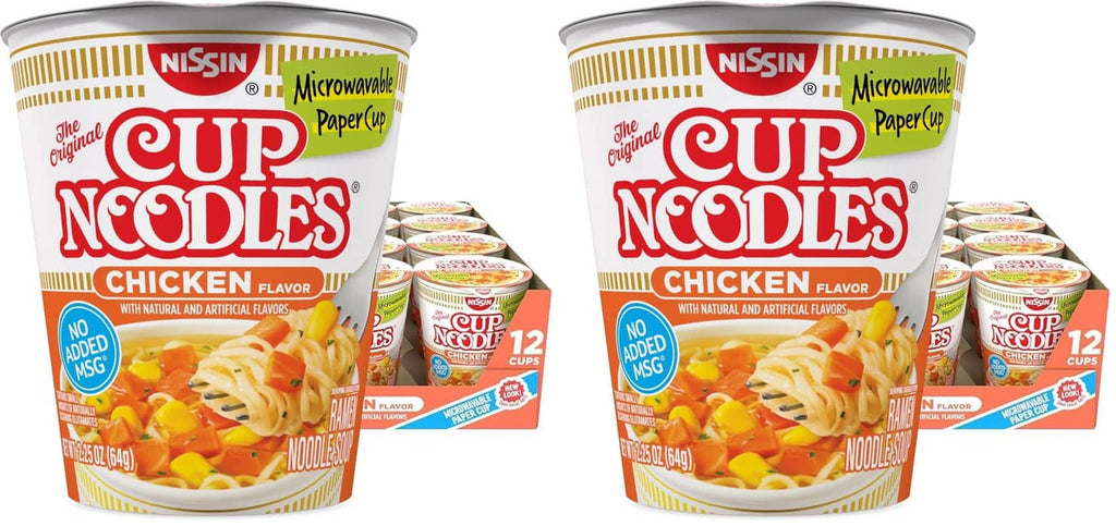 Nissin Cup Noodles chicken flavor instant noodle cup, front label view