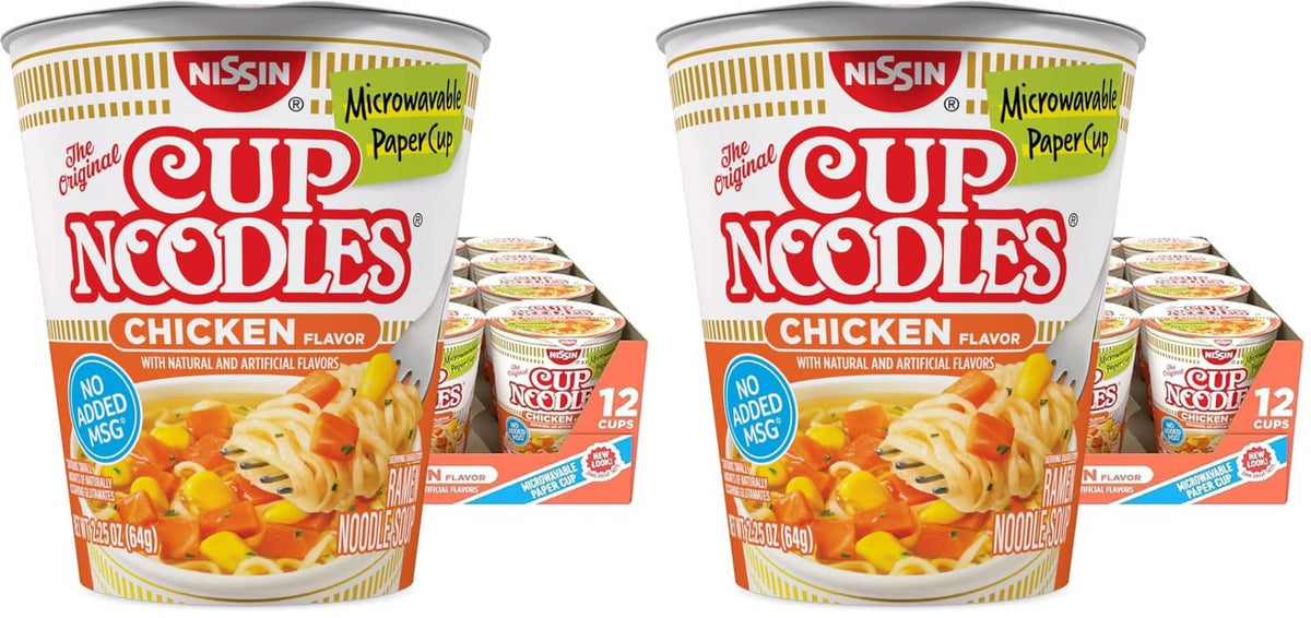 Nissin Cup Noodles chicken flavor instant noodle cup, front label view