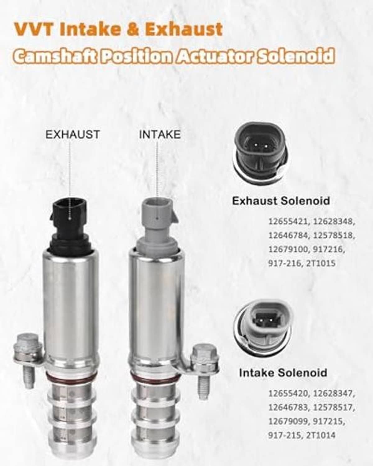 Intake and exhaust camshaft position actuators with solenoids, silver and black