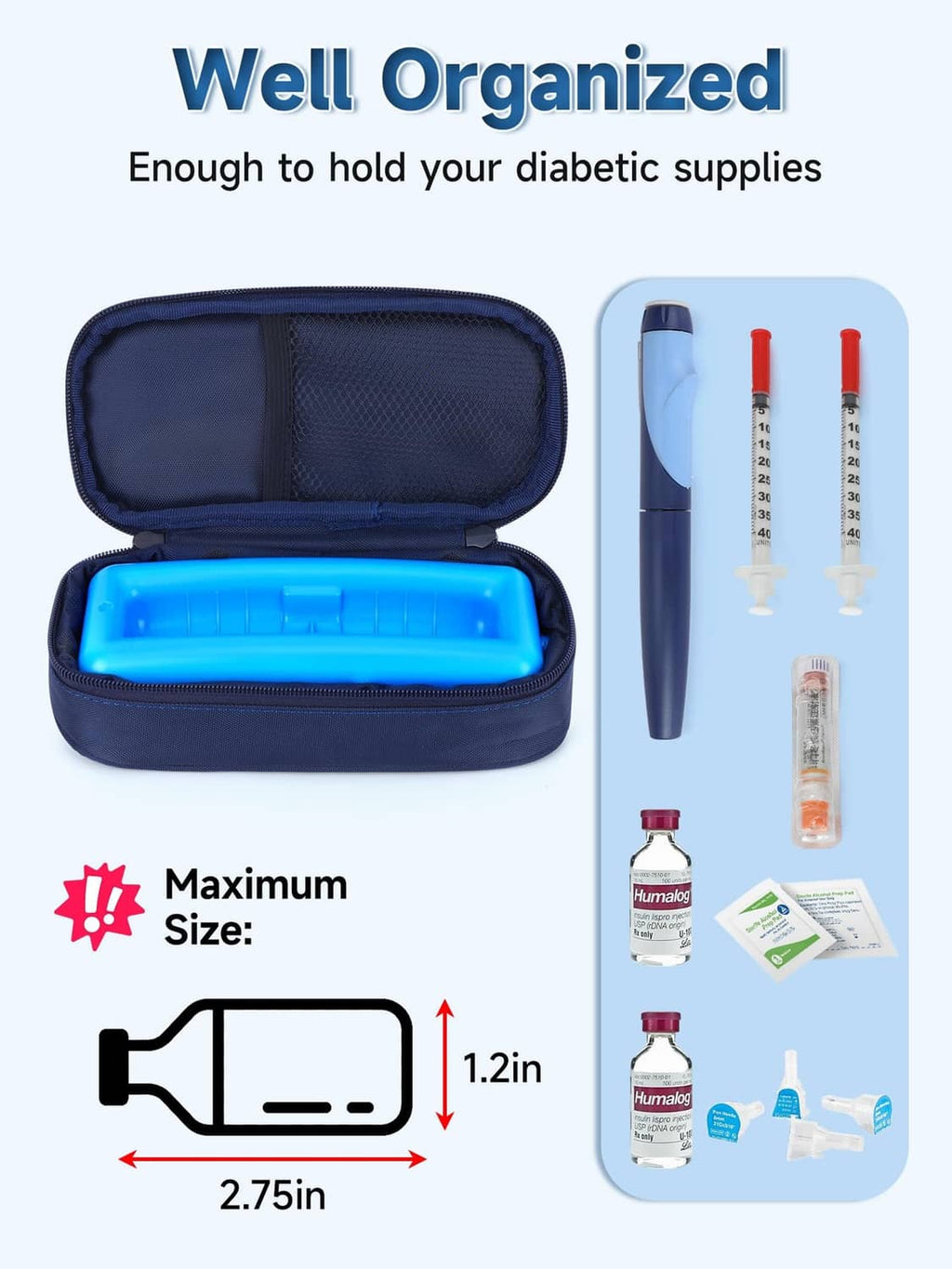 Navy insulin cooler case with blue liner, mesh organizer holding pens and vials