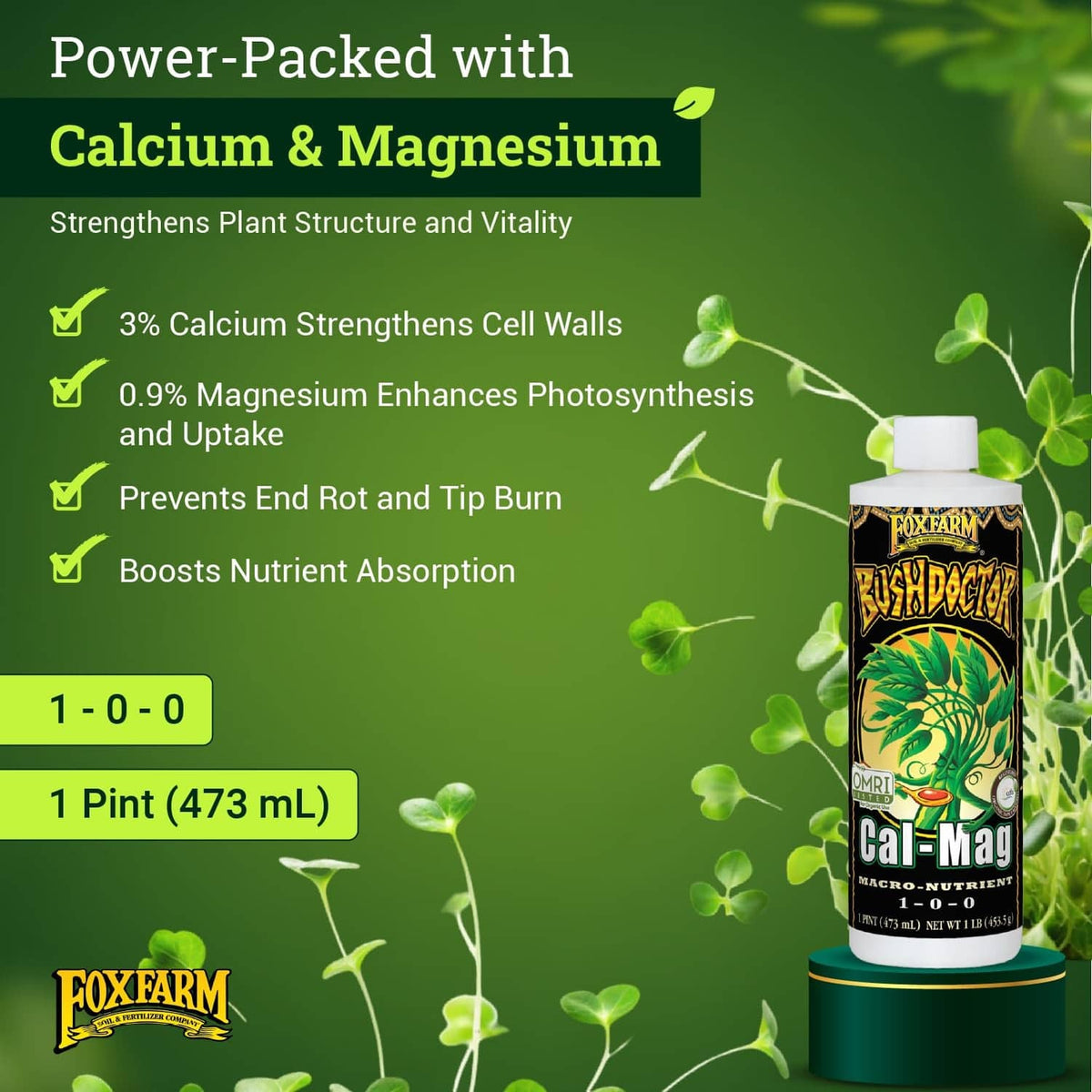 Liquid calcium and magnesium supplement bottle with 'Cal-Mag 1-0-0' label and white cap
