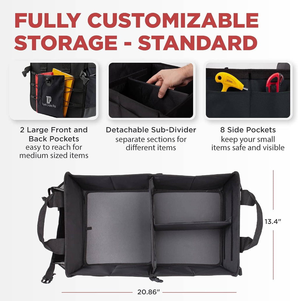 Black trunk organizer with detachable divider and side pockets for small items