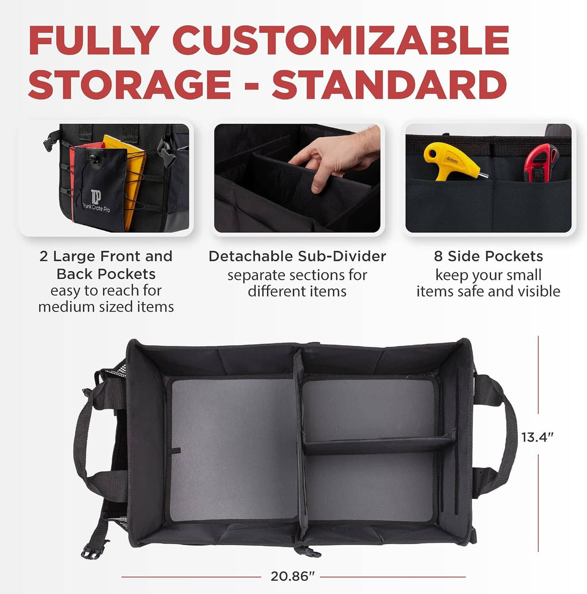 Black trunk organizer with detachable divider and side pockets for small items