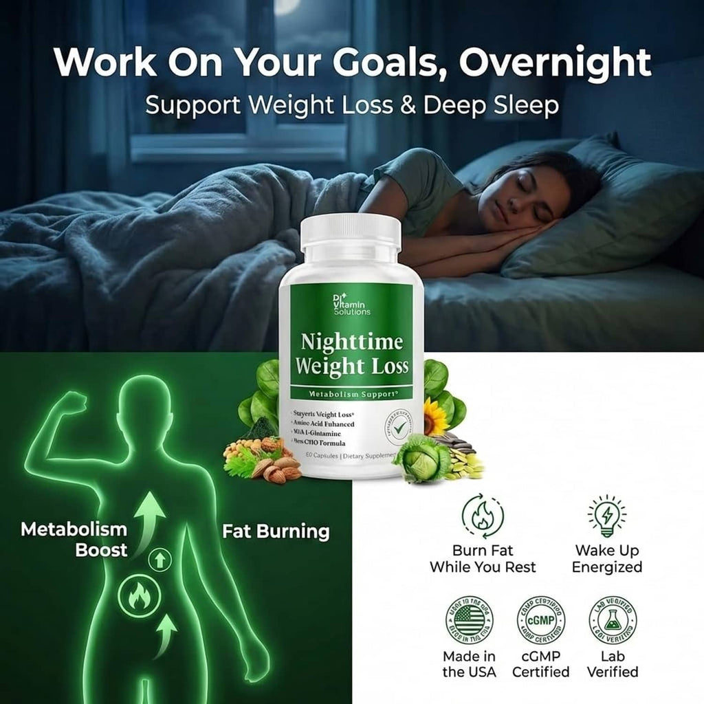 Nighttime weight loss supplement bottle with sleep-support icons and Made in USA badge