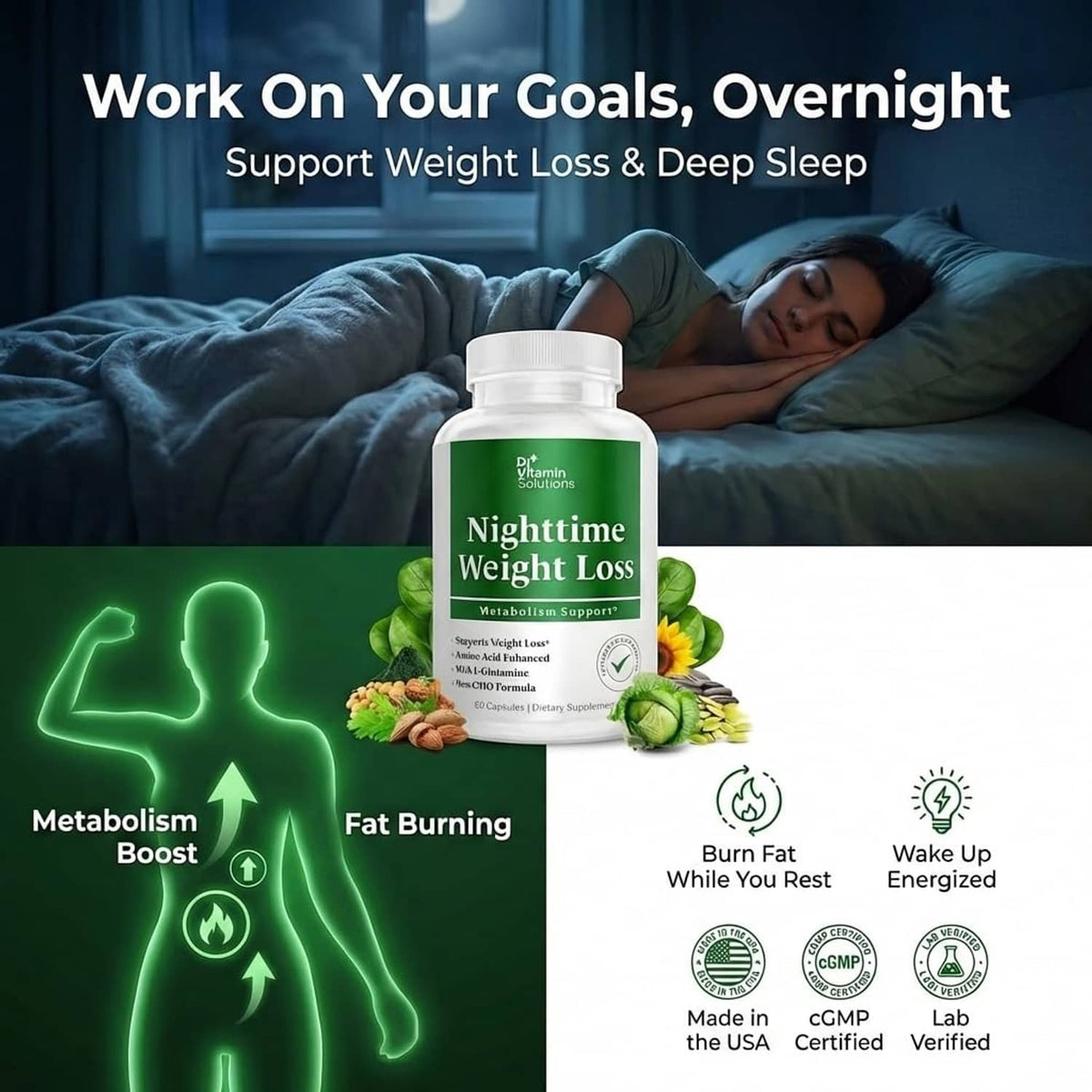 Nighttime weight loss supplement bottle with sleep-support icons and Made in USA badge