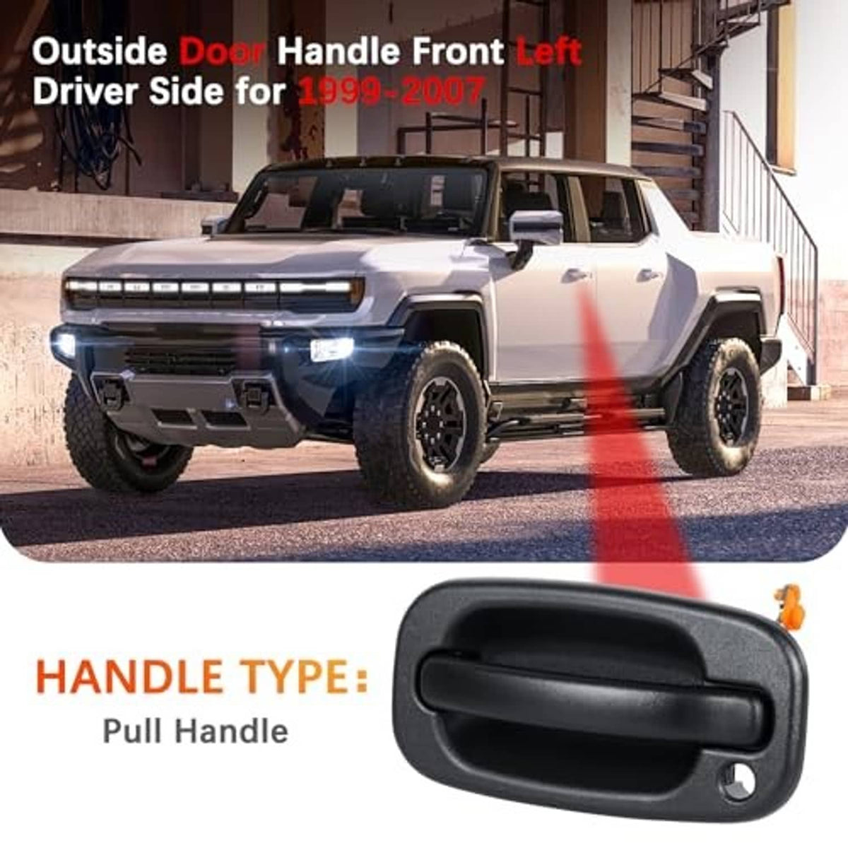 Exterior door handle, front left driver-side, textured black pull with key hole