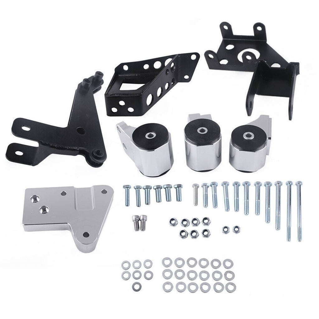 Engine mount bracket kit with black plates, silver bushings, and mounting hardware