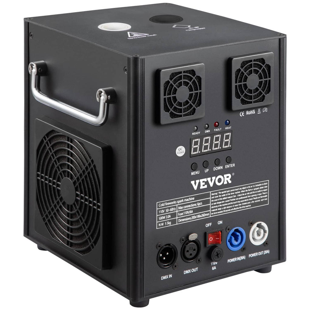 Cold spark machine with two side handles, front LED display, and dual cooling fans
