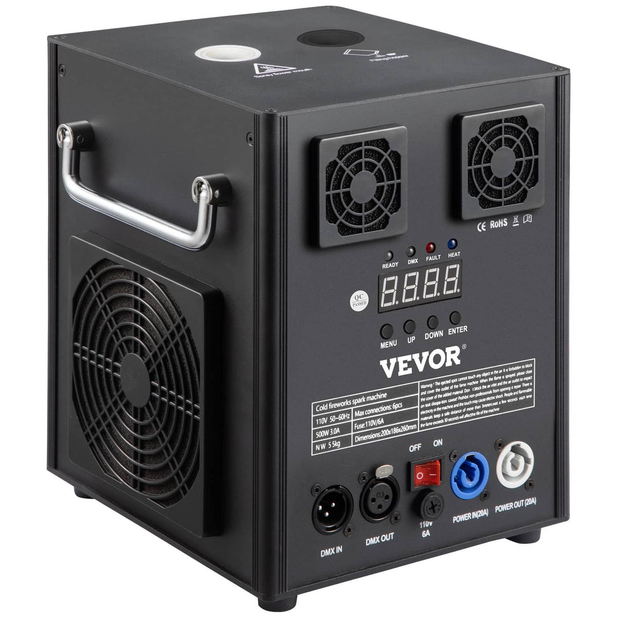 Cold spark machine with two side handles, front LED display, and dual cooling fans