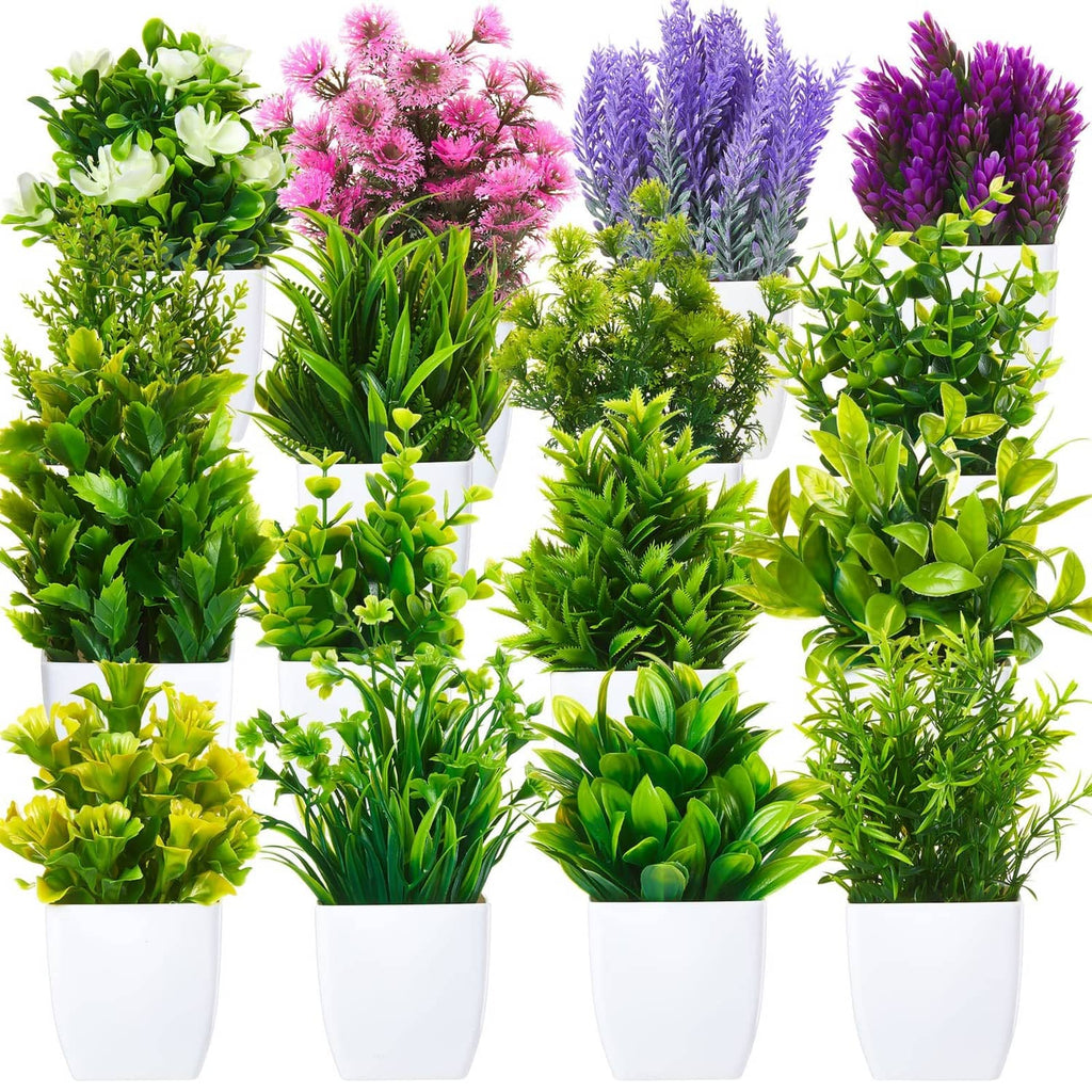 Set of 16 small artificial potted plants in white pots, green foliage and flowers