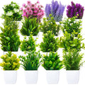 Set of 16 small artificial potted plants in white pots, green foliage and flowers