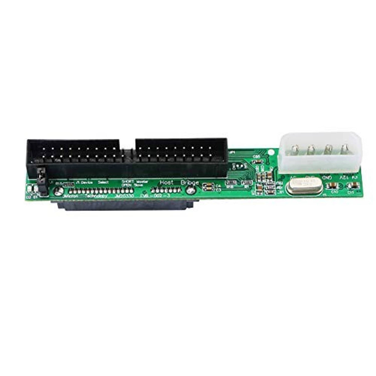 SATA to 40-pin IDE adapter board with white SATA plug and two black 40-pin headers
