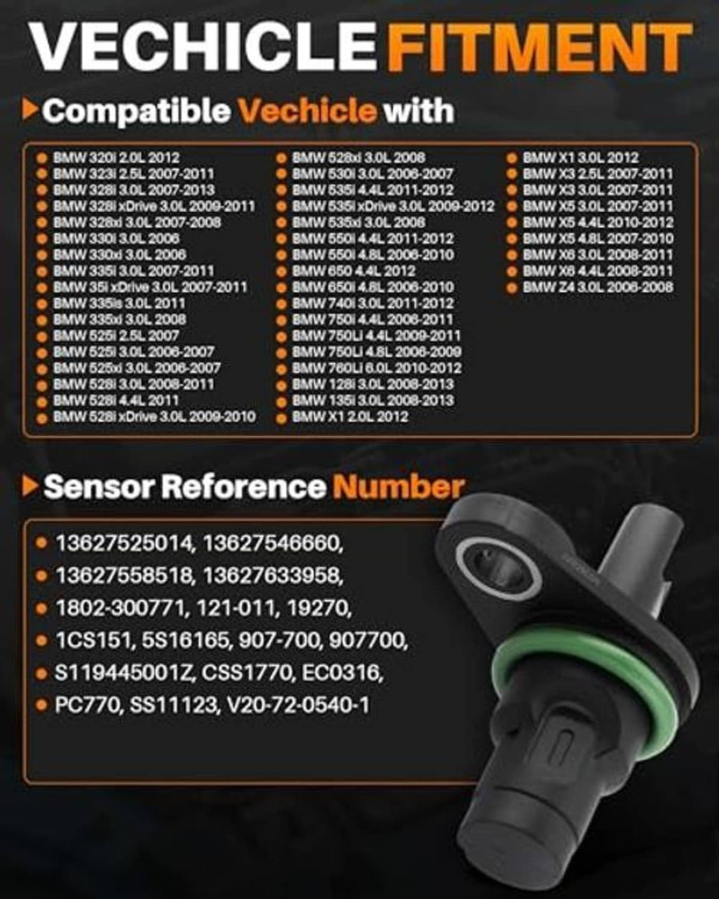 Camshaft position sensor with green sealing ring, single black unit with connector end