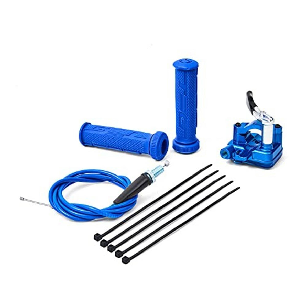 Blue thumb throttle accelerator set with rubber grips, cable, lever, and fasteners
