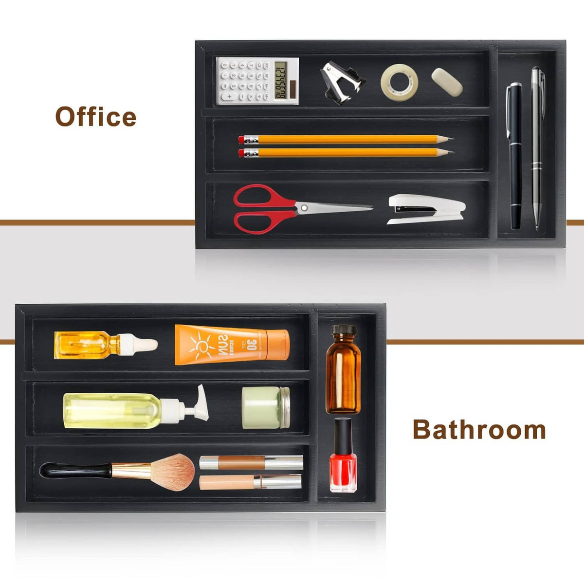 Black multi-use organizer tray with compartments for office and bathroom items