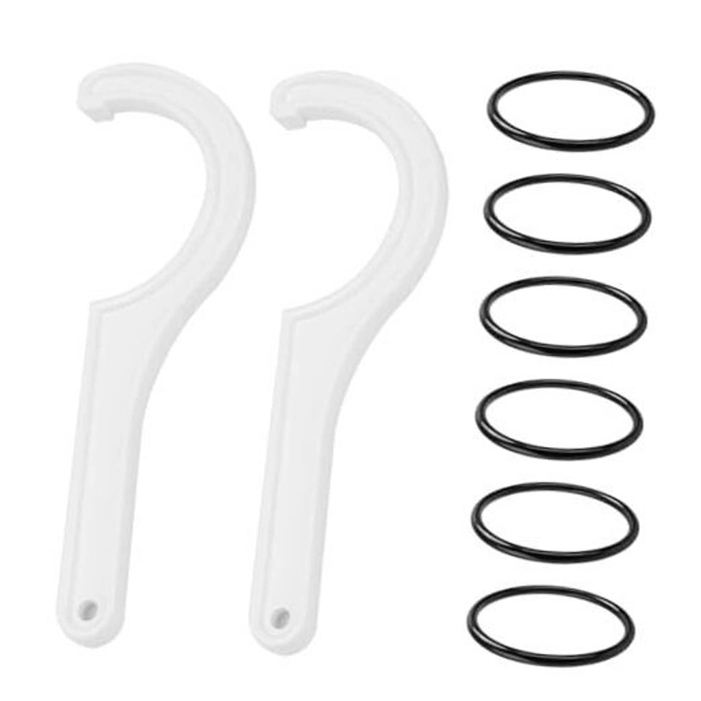 Two white half-circle water filter housing wrenches with six black O-ring seals