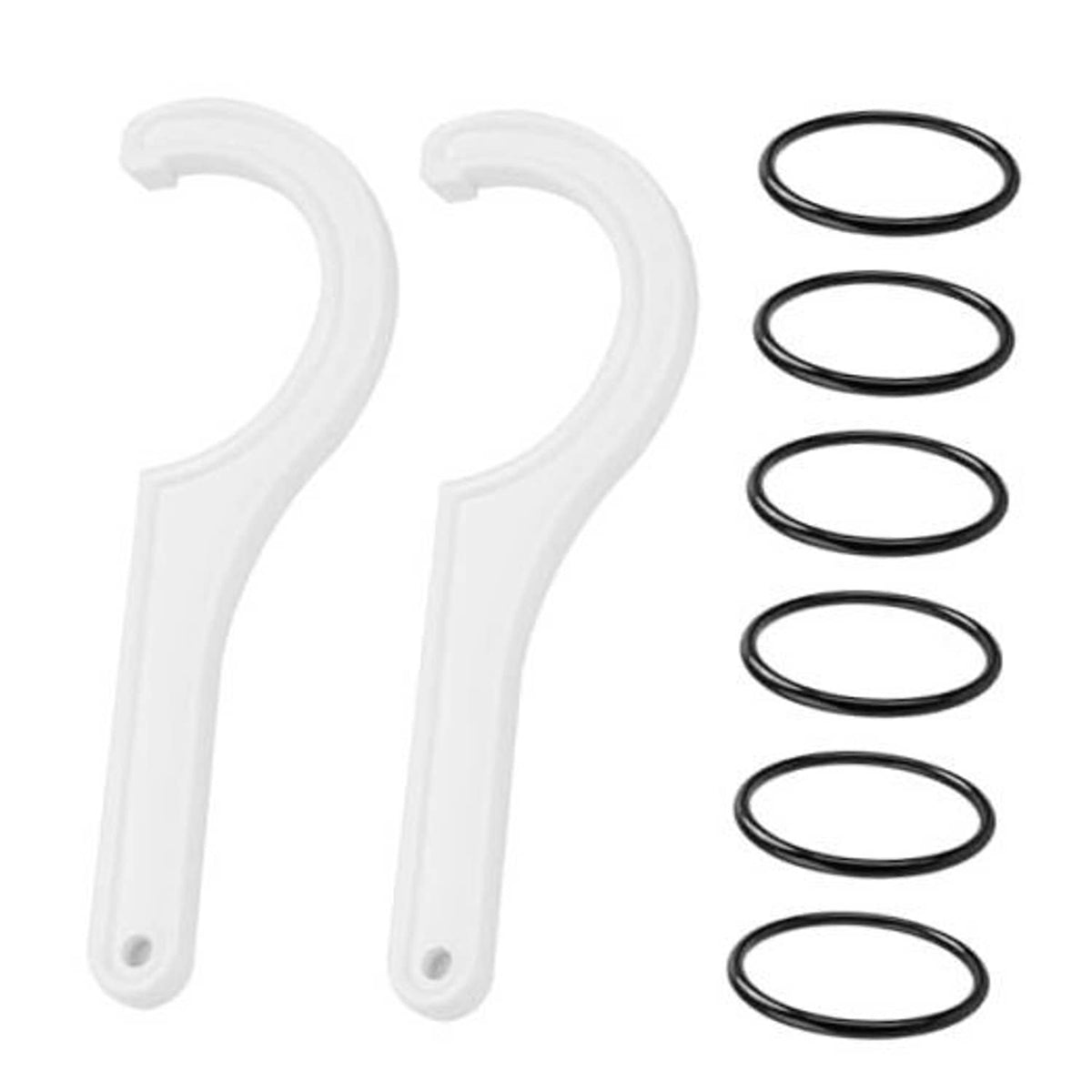 Two white half-circle water filter housing wrenches with six black O-ring seals