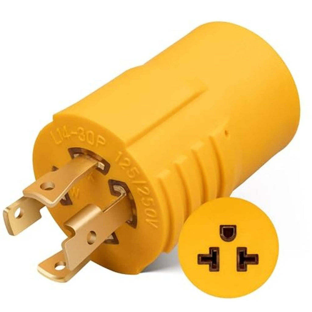Yellow 4-prong twist-lock generator adapter plug with matching round outlet face