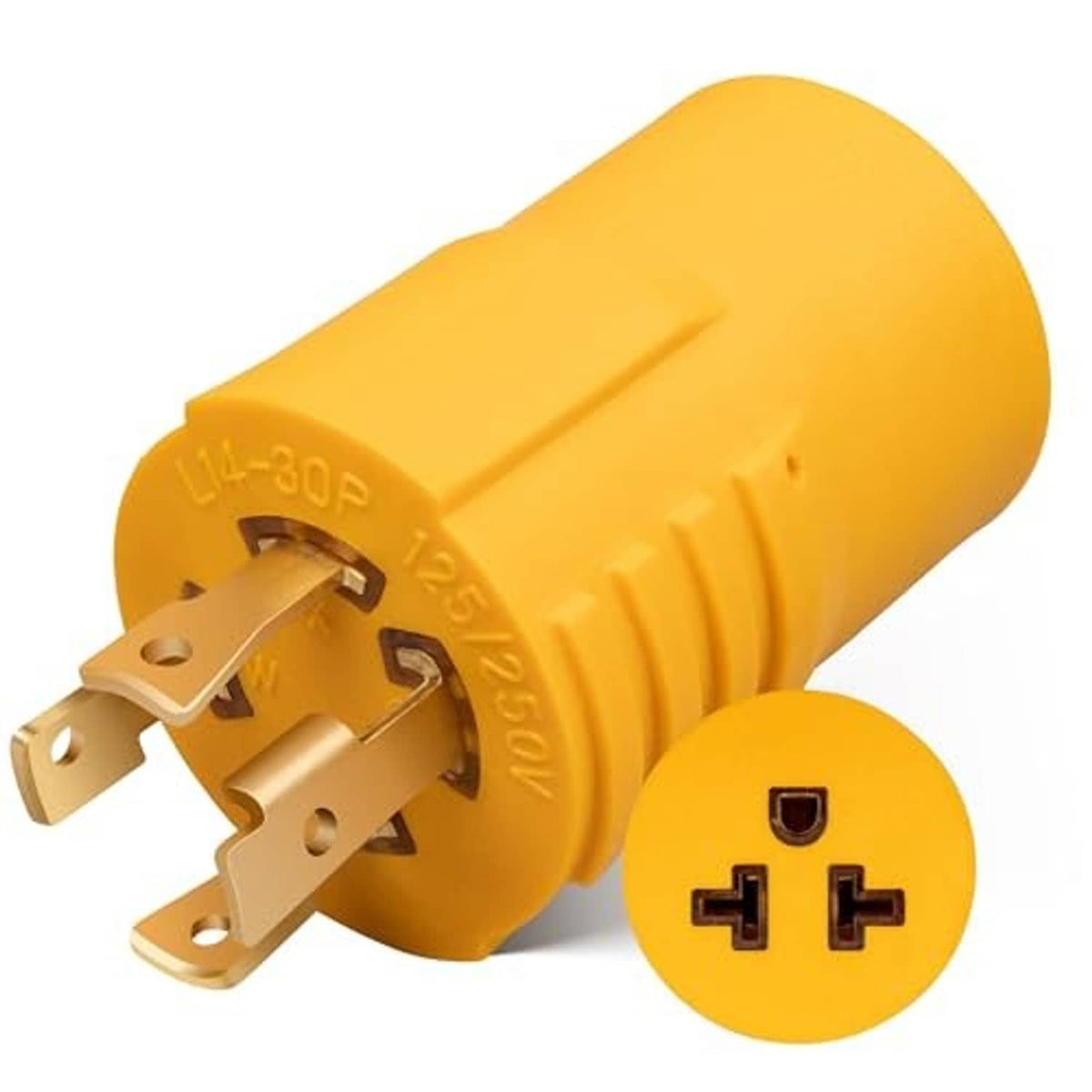 Yellow 4-prong twist-lock generator adapter plug with matching round outlet face