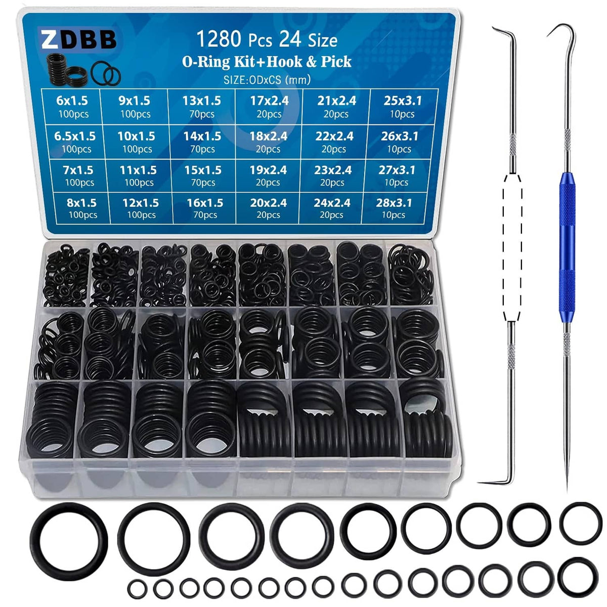 Nitrile O-ring assortment kit with black rings and blue pick hook tools