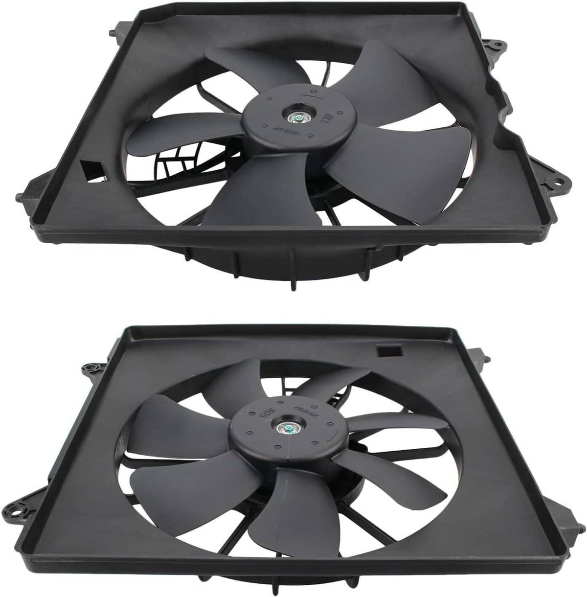 Radiator cooling fan with black blades, circular motor hub, and mounting bracket